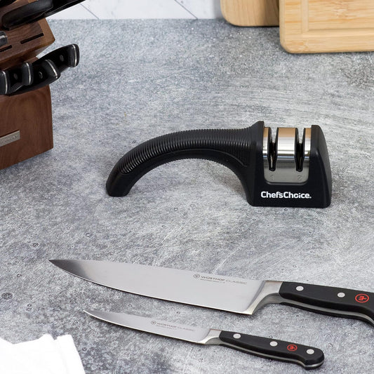 Manual Knife Sharpeners for 20-Degree Straight-Edge and Serrated Commercial Kitchen Pocket and Sports Knives with Diamond Abrasives Angle Control & Compact Footprint, 2-Stage, Black
