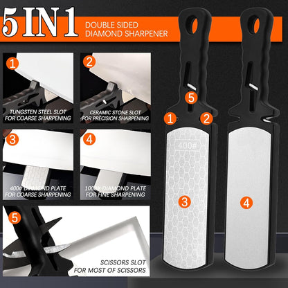 Diamond Sharpening Stone,400/1000 Grit Handheld Double-Sided Diamond Sharpener 5 in 1 Honeycomb Surface Knife Sharpener Plate Whetstone with Ceramic & Tungsten Steel Scissor Slot for Kitchen Outdoor