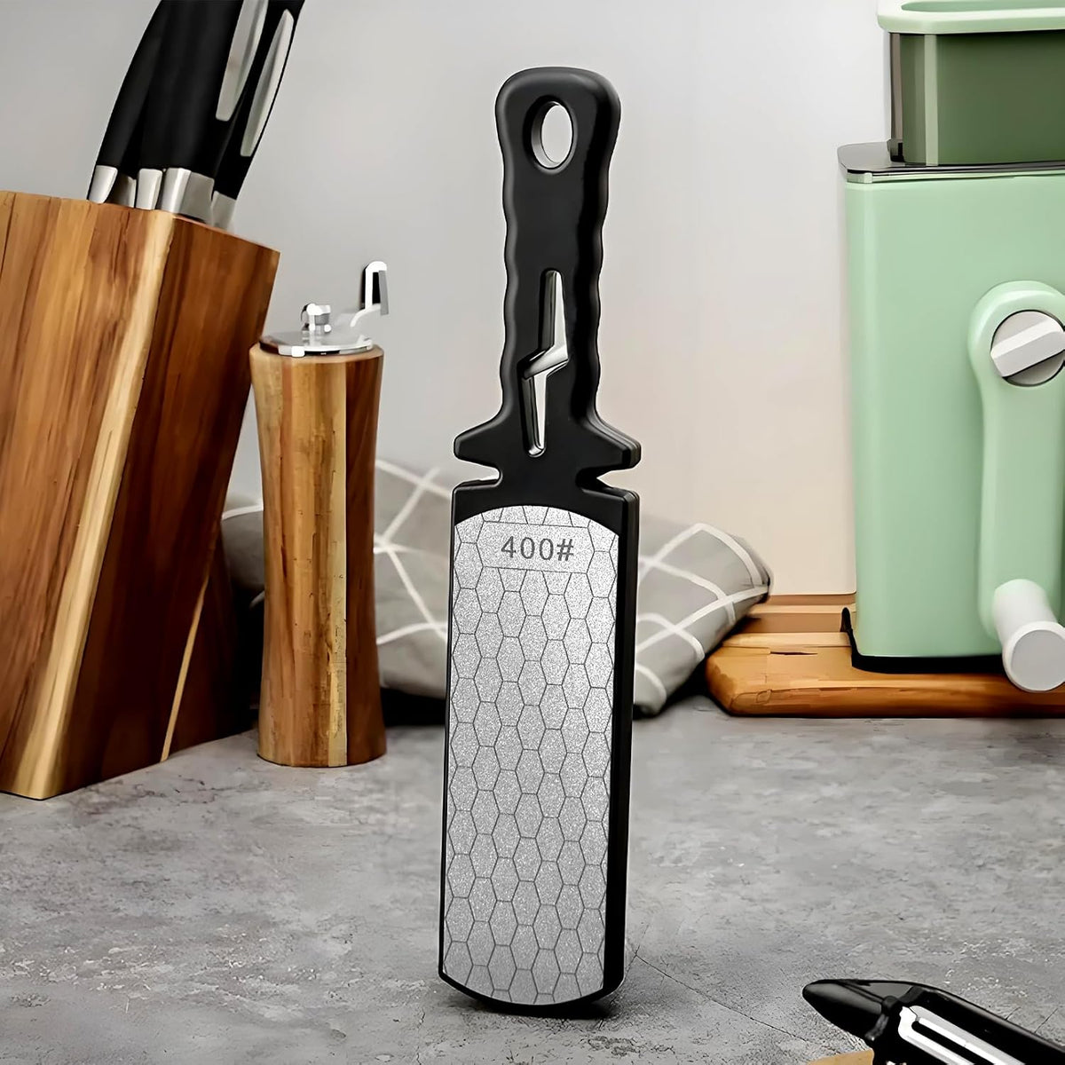 Diamond Sharpening Stone,400/1000 Grit Handheld Double-Sided Diamond Sharpener 5 in 1 Honeycomb Surface Knife Sharpener Plate Whetstone with Ceramic & Tungsten Steel Scissor Slot for Kitchen Outdoor