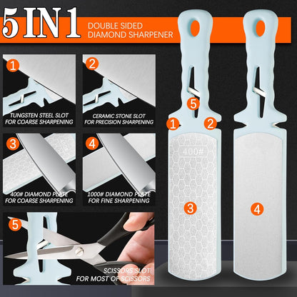 Diamond Sharpening Stone,400/1000 Grit Handheld Double-Sided Diamond Sharpener 5 in 1 Honeycomb Surface Knife Sharpener Plate Whetstone with Ceramic & Tungsten Steel Scissor Slot for Kitchen Outdoor