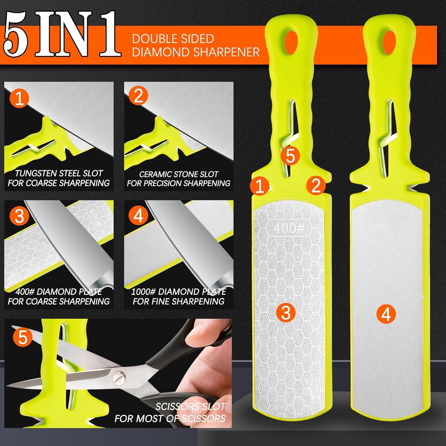 Diamond Sharpening Stone,400/1000 Grit Handheld Double-Sided Diamond Sharpener 5 in 1 Honeycomb Surface Knife Sharpener Plate Whetstone with Ceramic & Tungsten Steel Scissor Slot for Kitchen Outdoor