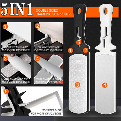 Diamond Sharpening Stone,400/1000 Grit Handheld Double-Sided Diamond Sharpener 5 in 1 Honeycomb Surface Knife Sharpener Plate Whetstone with Ceramic & Tungsten Steel Scissor Slot for Kitchen Outdoor