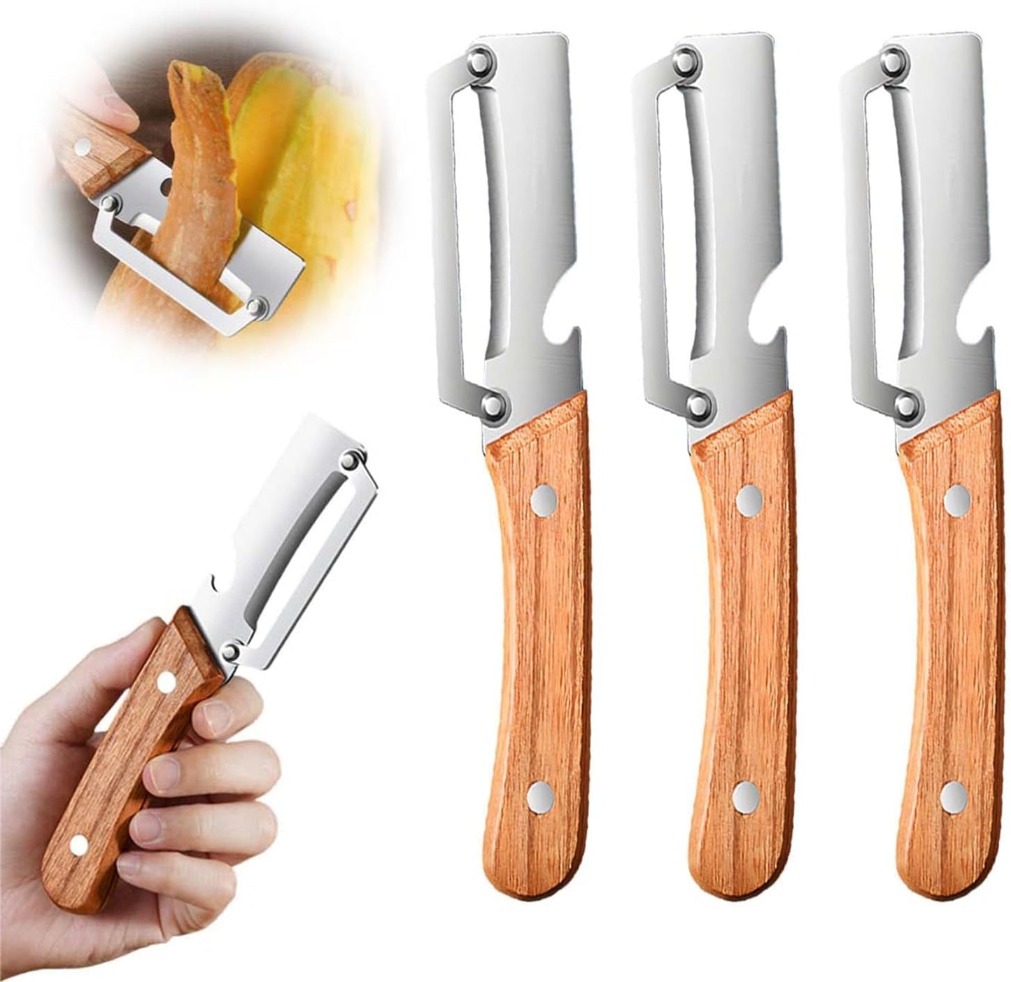 Multi-Functional Stainless Steel Thickened Fruit Peeler Knife for Kitchen, Ultra-Sharp Blade with Wooden Handle and Bottle Opener, For Vegetables or Fruits that Need to Be Peeled (1pcs)