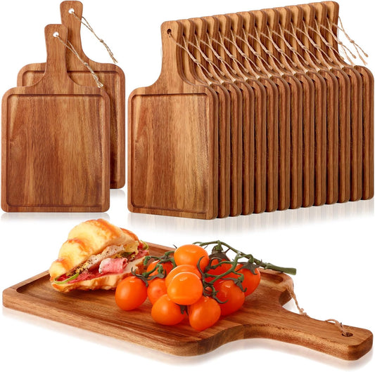 16 Pcs Acacia Wood Cutting Board with Handle Chopping Boards Decorative Charcuterie Platter Pizza Bread Cheese Fruit Serving Tray for Kitchen Counter Table Christmas Decorate (14 x 8 Inch)