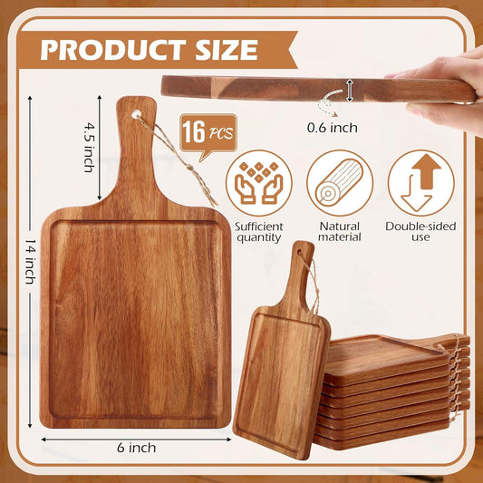 16 Pcs Acacia Wood Cutting Board with Handle Chopping Boards Decorative Charcuterie Platter Pizza Bread Cheese Fruit Serving Tray for Kitchen Counter Table Christmas Decorate (14 x 8 Inch)