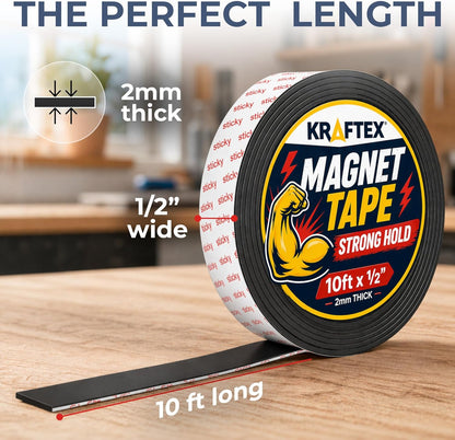 Magnetic Tape [5pk, 1ft x 160mil] Magnet Strips with Adhesive Backing. Heavy Duty and Strong Magnet Tape for Crafts, Mounting Tools and DIY. Magnetic Strips with Super Sticky Back