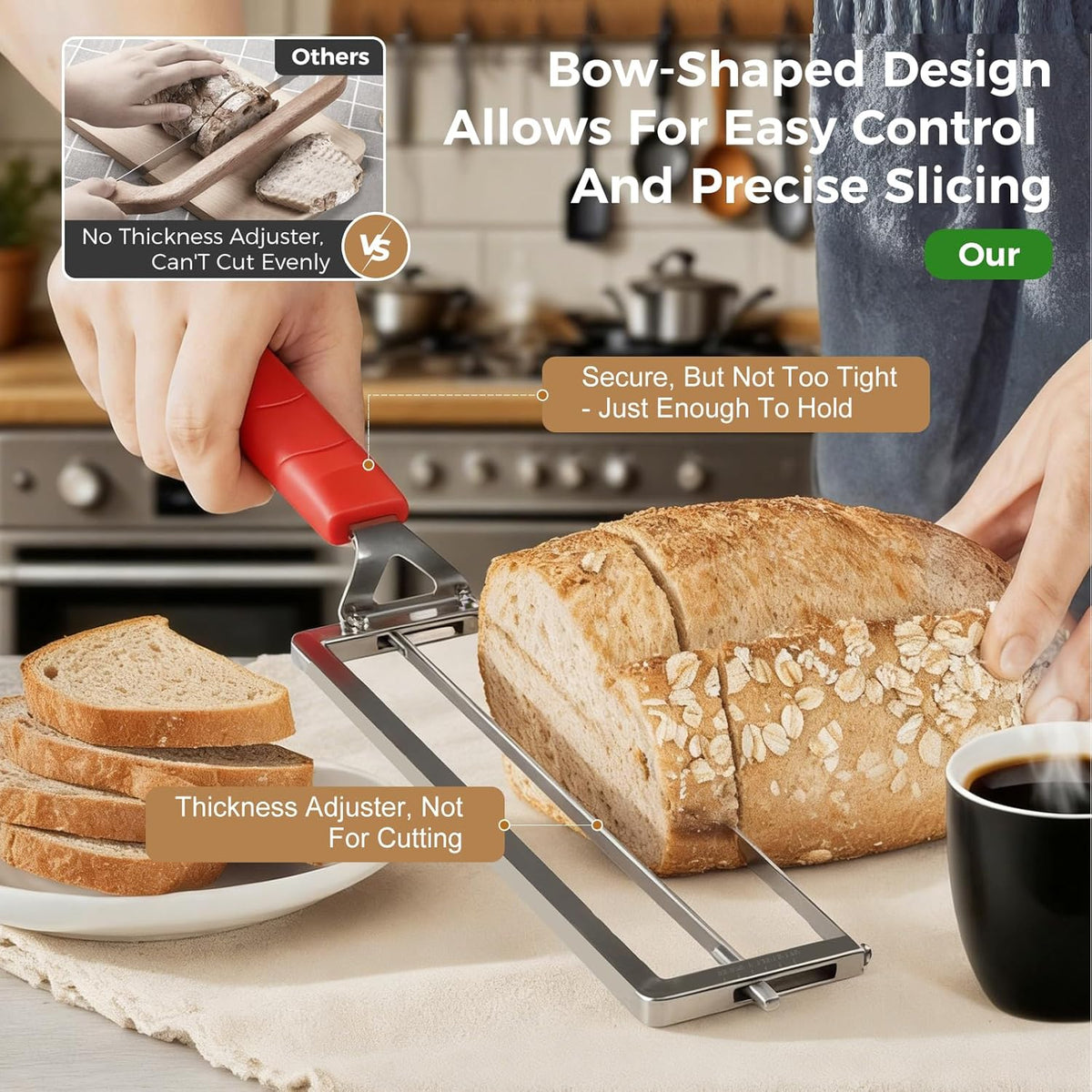 Upgraded Adjustable Bread Knife for Homemade Bread,Stainless Bread Slicer | Manual Bow Sourdough Bread Slicer with Thickness Guide & Serrated Stainless Blade for Precise Cutting Baguettes Bagels