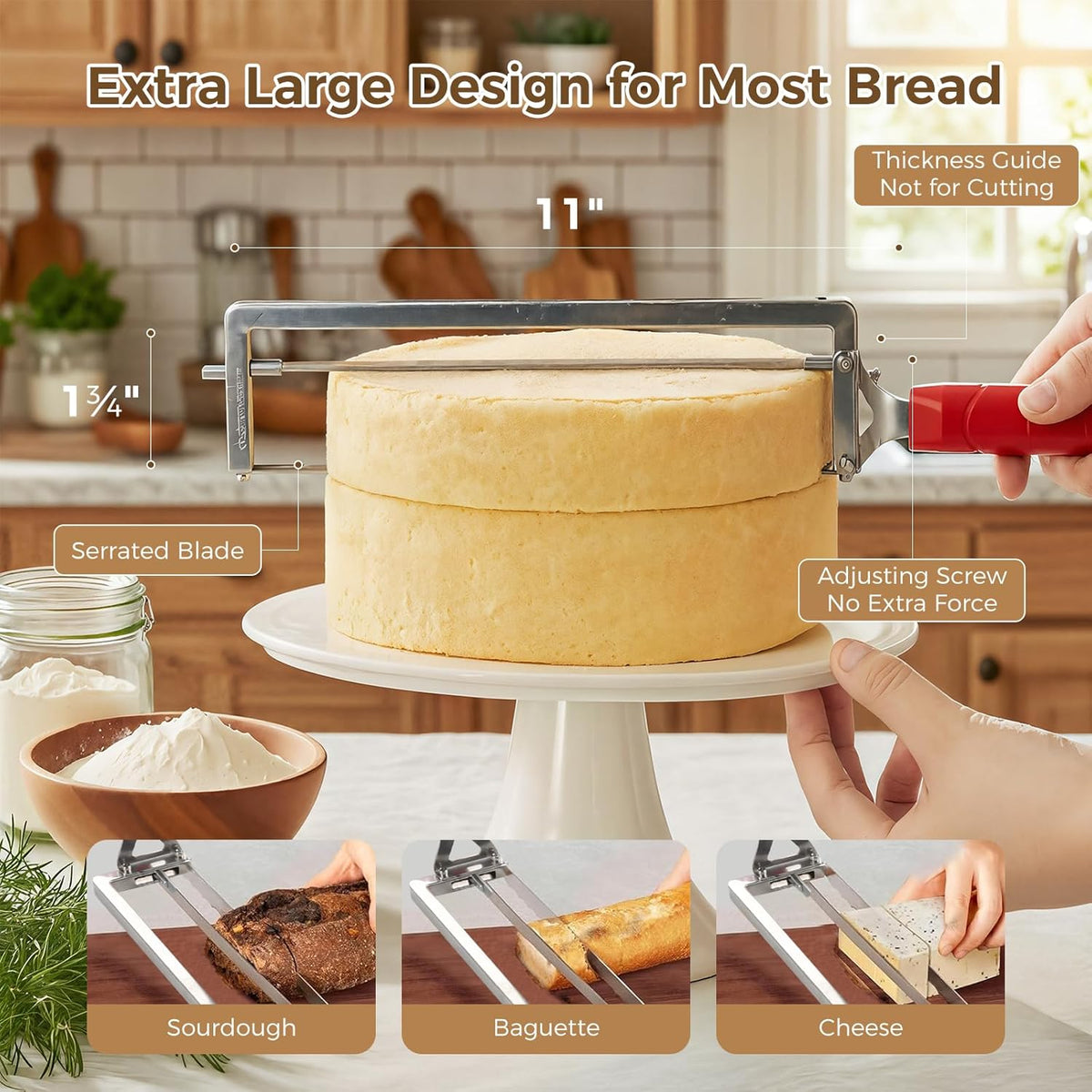 Upgraded Adjustable Bread Knife for Homemade Bread,Stainless Bread Slicer | Manual Bow Sourdough Bread Slicer with Thickness Guide & Serrated Stainless Blade for Precise Cutting Baguettes Bagels