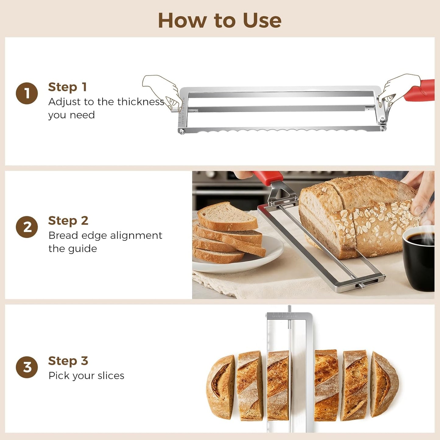 Upgraded Adjustable Bread Knife for Homemade Bread,Stainless Bread Slicer | Manual Bow Sourdough Bread Slicer with Thickness Guide & Serrated Stainless Blade for Precise Cutting Baguettes Bagels