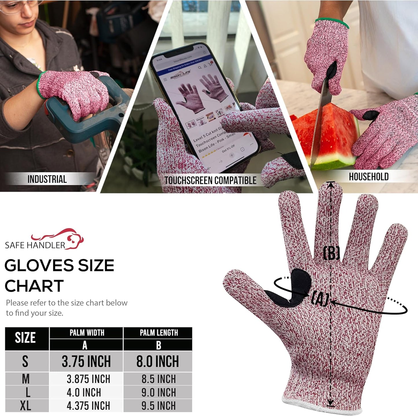 SAFE HANDLER Level 5 Reinforced Cut Resistant Gloves for Kitchen, Industrial Environments | Touchscreen Compatible, Ambidextrous, Superior Grip Strength, Pink - Small