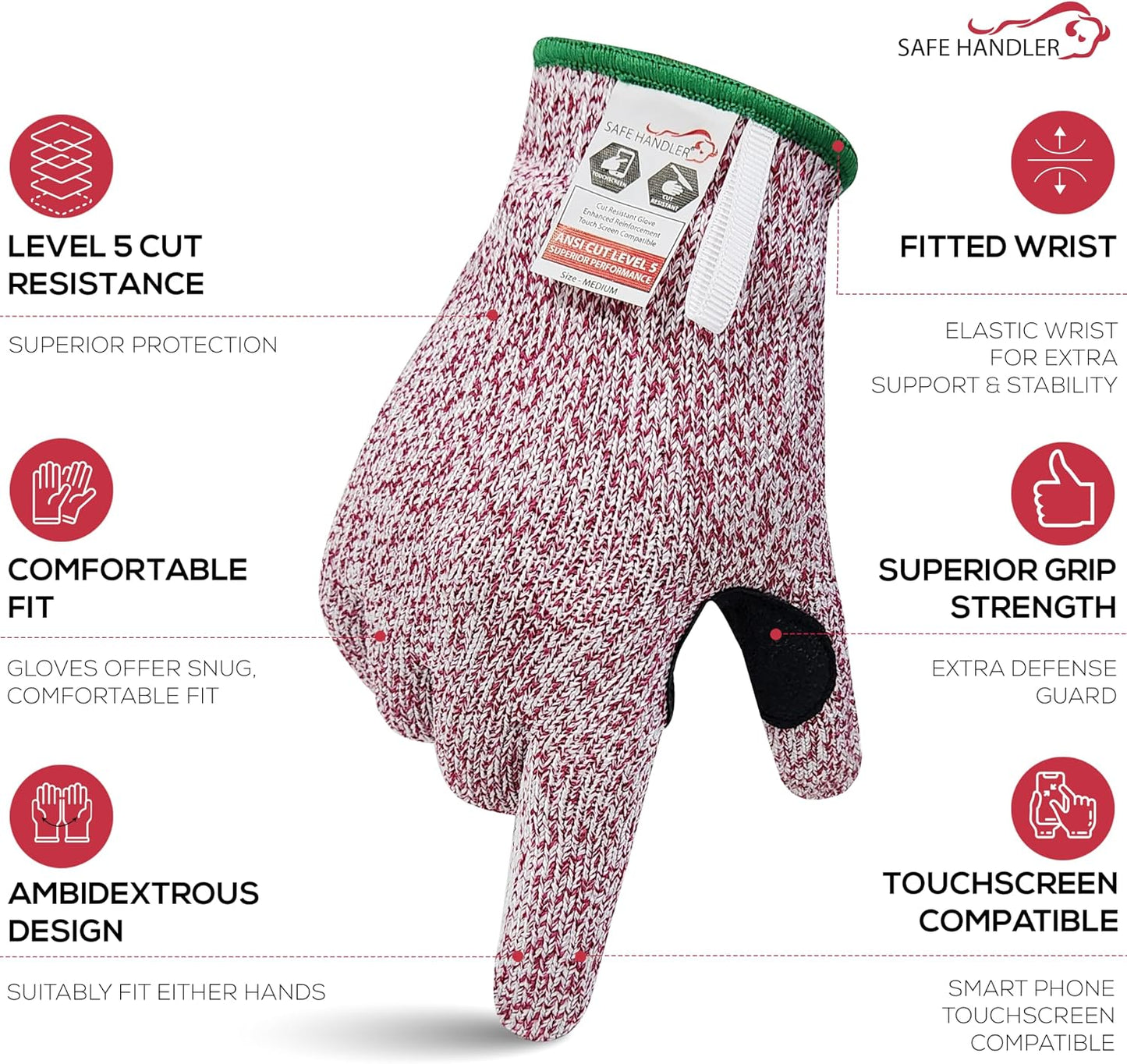 SAFE HANDLER Level 5 Reinforced Cut Resistant Gloves for Kitchen, Industrial Environments | Touchscreen Compatible, Ambidextrous, Superior Grip Strength, Pink - Small