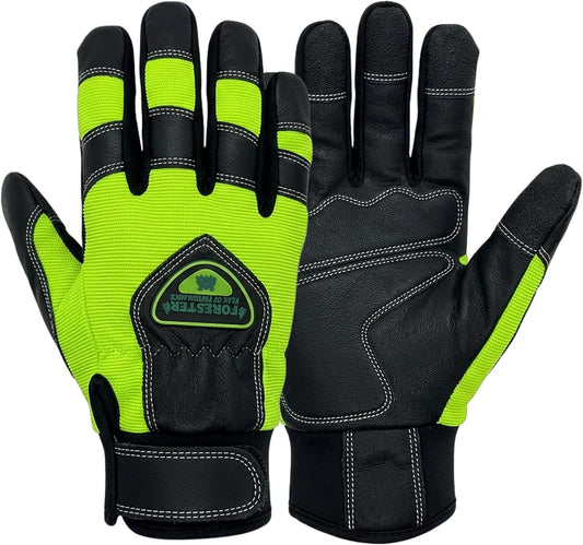 Hi-Vis Chainsaw Gloves | Anti-Vibration Leather Safety Gloves for Chainsaw Work, Logging & Tree Cutting | Cut-Resistant Protection