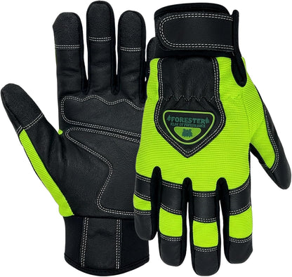 Hi-Vis Chainsaw Gloves | Anti-Vibration Leather Safety Gloves for Chainsaw Work, Logging & Tree Cutting | Cut-Resistant Protection