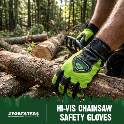 Hi-Vis Chainsaw Gloves | Anti-Vibration Leather Safety Gloves for Chainsaw Work, Logging & Tree Cutting | Cut-Resistant Protection