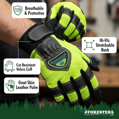 Hi-Vis Chainsaw Gloves | Anti-Vibration Leather Safety Gloves for Chainsaw Work, Logging & Tree Cutting | Cut-Resistant Protection