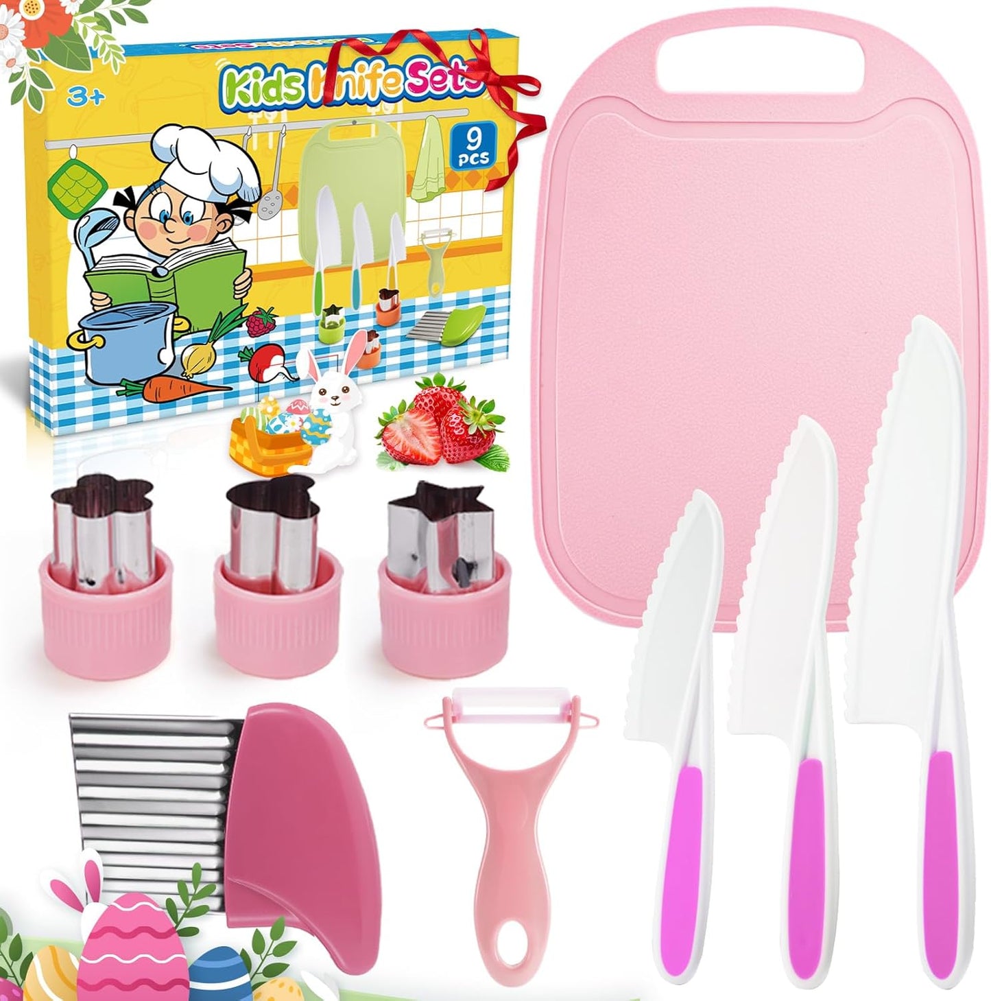 9 Pcs Kids Safe Knife Set for Real Cooking, Kids Kitchen Knife Set with Cutting Board,Crinkle Cutter,Sandwich Cutter, Montessori Kitchen Tools for Toddlers Kid 3-10 Years Old Girl Boy Birthday Gifts