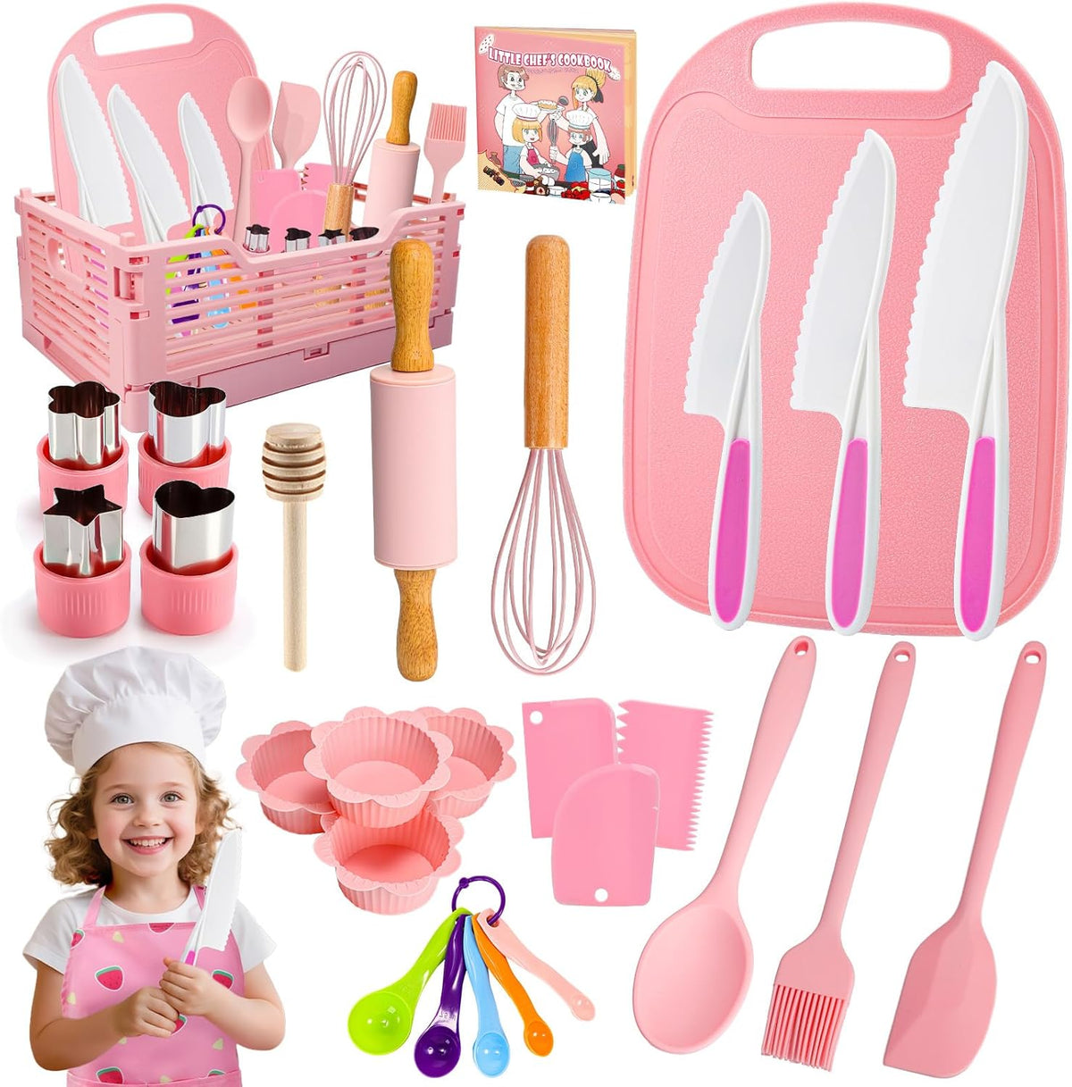 9 Pcs Kids Safe Knife Set for Real Cooking, Kids Kitchen Knife Set with Cutting Board,Crinkle Cutter,Sandwich Cutter, Montessori Kitchen Tools for Toddlers Kid 3-10 Years Old Girl Boy Birthday Gifts