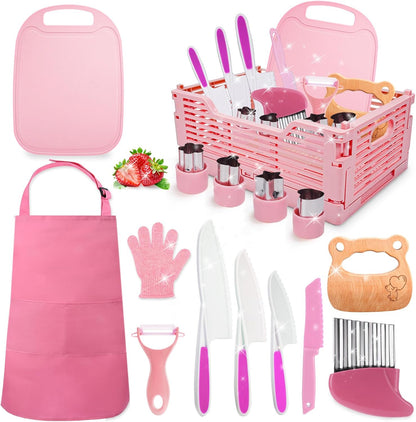 9 Pcs Kids Safe Knife Set for Real Cooking, Kids Kitchen Knife Set with Cutting Board,Crinkle Cutter,Sandwich Cutter, Montessori Kitchen Tools for Toddlers Kid 3-10 Years Old Girl Boy Birthday Gifts