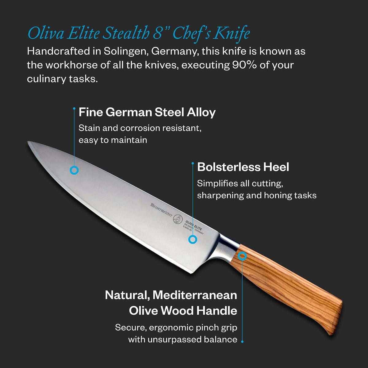 Oliva Elite Stealth 8” Chef’s Knife - Fine German Steel Alloy Blade & Natural Mediterranean Olive Wood Handle - Rust Resistant & Easy to Maintain