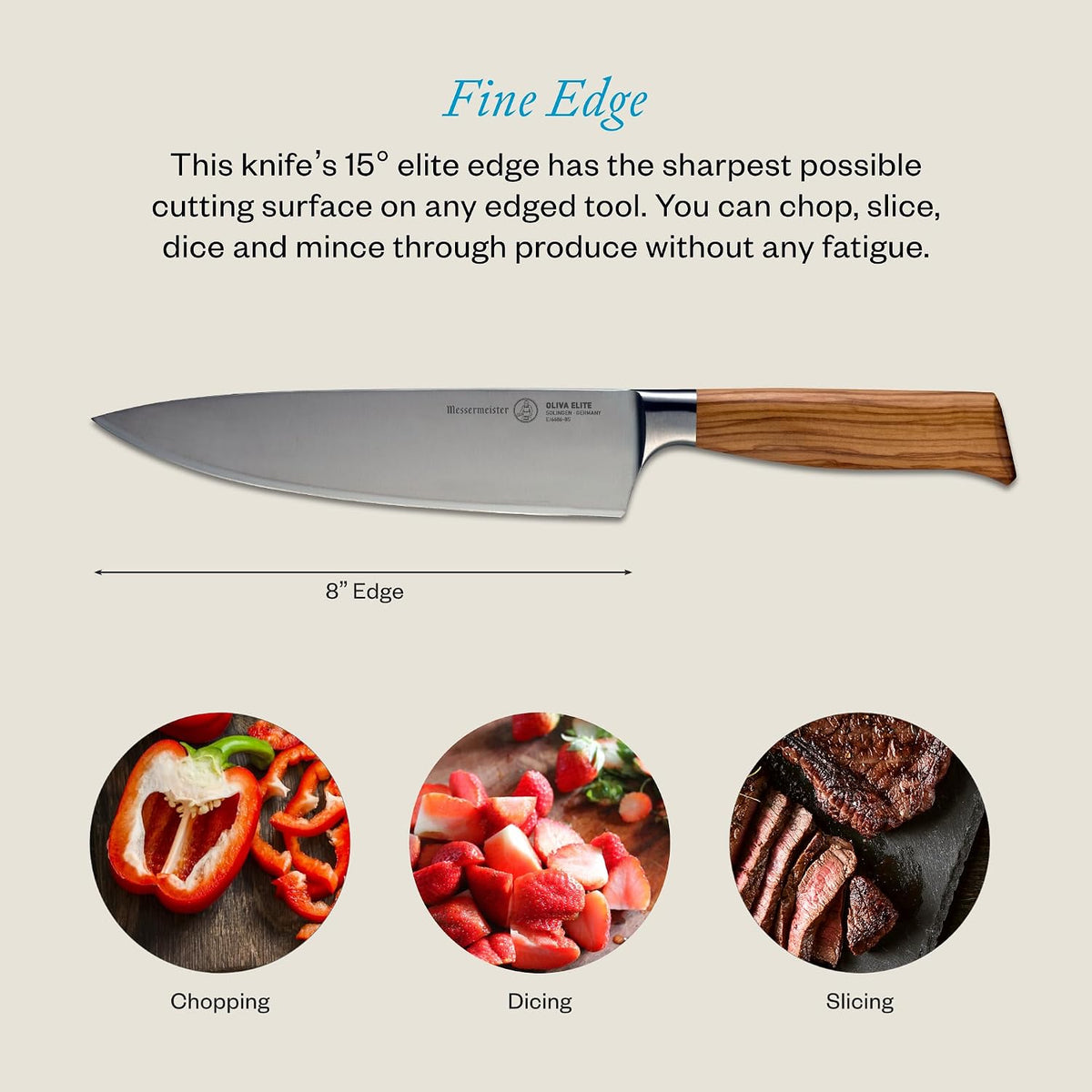 Oliva Elite Stealth 8” Chef’s Knife - Fine German Steel Alloy Blade & Natural Mediterranean Olive Wood Handle - Rust Resistant & Easy to Maintain