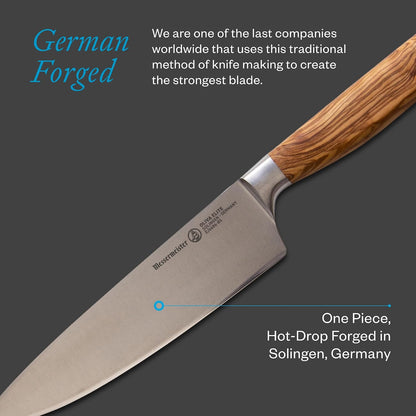 Oliva Elite Stealth 8” Chef’s Knife - Fine German Steel Alloy Blade & Natural Mediterranean Olive Wood Handle - Rust Resistant & Easy to Maintain