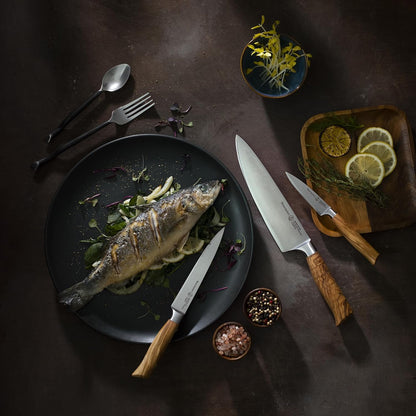 Oliva Elite Stealth 8” Chef’s Knife - Fine German Steel Alloy Blade & Natural Mediterranean Olive Wood Handle - Rust Resistant & Easy to Maintain