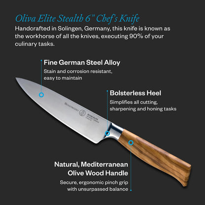 Oliva Elite Stealth 8” Chef’s Knife - Fine German Steel Alloy Blade & Natural Mediterranean Olive Wood Handle - Rust Resistant & Easy to Maintain