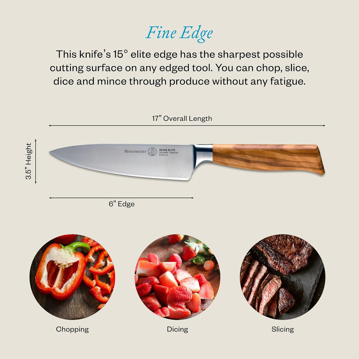 Oliva Elite Stealth 8” Chef’s Knife - Fine German Steel Alloy Blade & Natural Mediterranean Olive Wood Handle - Rust Resistant & Easy to Maintain