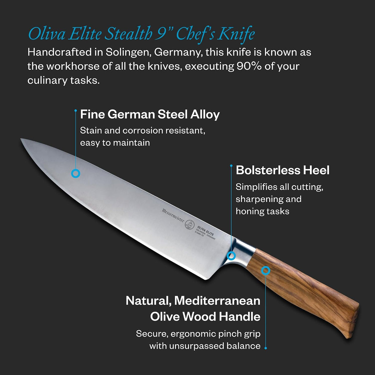 Oliva Elite Stealth 8” Chef’s Knife - Fine German Steel Alloy Blade & Natural Mediterranean Olive Wood Handle - Rust Resistant & Easy to Maintain