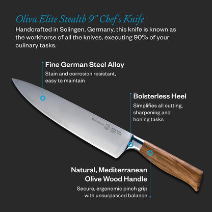 Oliva Elite Stealth 8” Chef’s Knife - Fine German Steel Alloy Blade & Natural Mediterranean Olive Wood Handle - Rust Resistant & Easy to Maintain