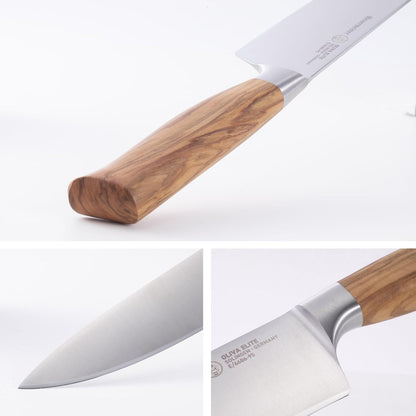 Oliva Elite Stealth 8” Chef’s Knife - Fine German Steel Alloy Blade & Natural Mediterranean Olive Wood Handle - Rust Resistant & Easy to Maintain