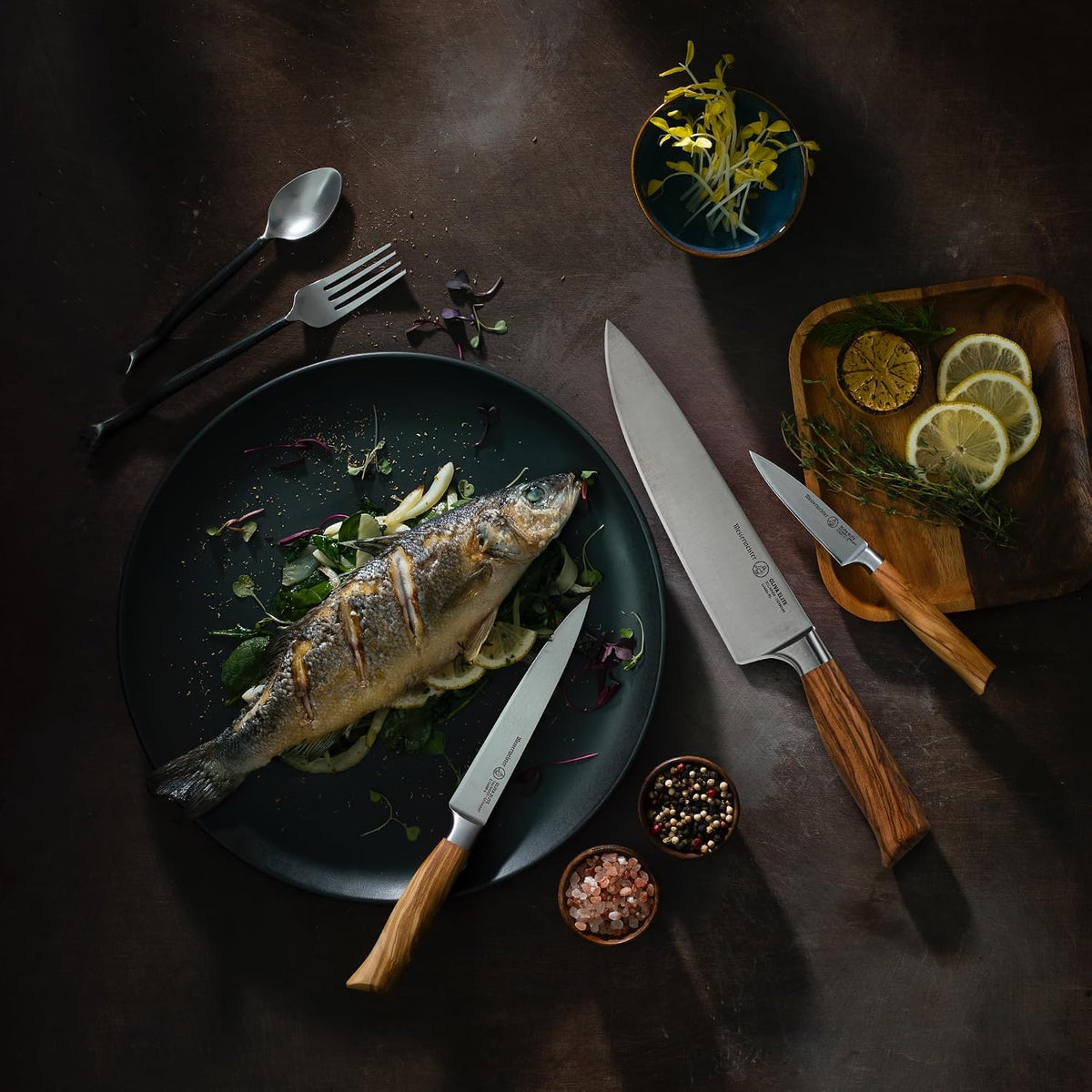 Oliva Elite Stealth 8” Chef’s Knife - Fine German Steel Alloy Blade & Natural Mediterranean Olive Wood Handle - Rust Resistant & Easy to Maintain