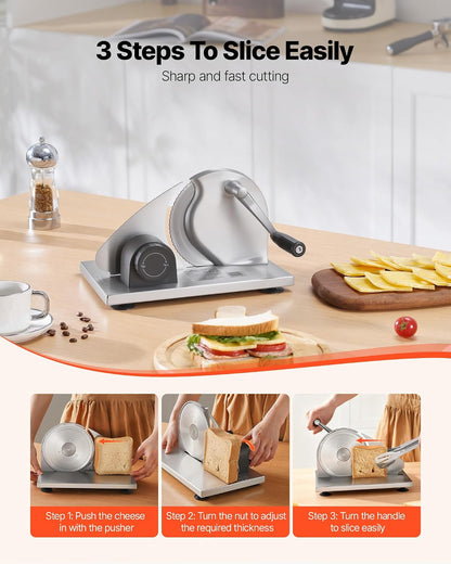 Manual Bread Slicer, 0-0.6" Adjustable Thickness Cheese Cutter, Hand Cranked Slicer for Homemade Bread - with Serrated Stainless Steel Blade for Kitchen, Restaurant, Bakery, Party