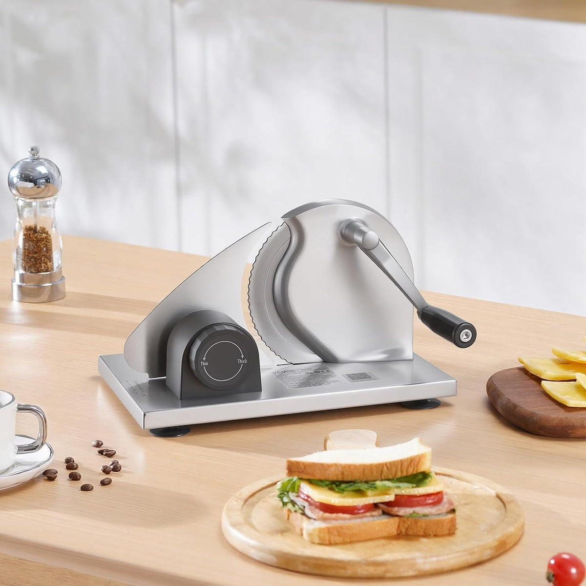 Manual Bread Slicer, 0-0.6" Adjustable Thickness Cheese Cutter, Hand Cranked Slicer for Homemade Bread - with Serrated Stainless Steel Blade for Kitchen, Restaurant, Bakery, Party
