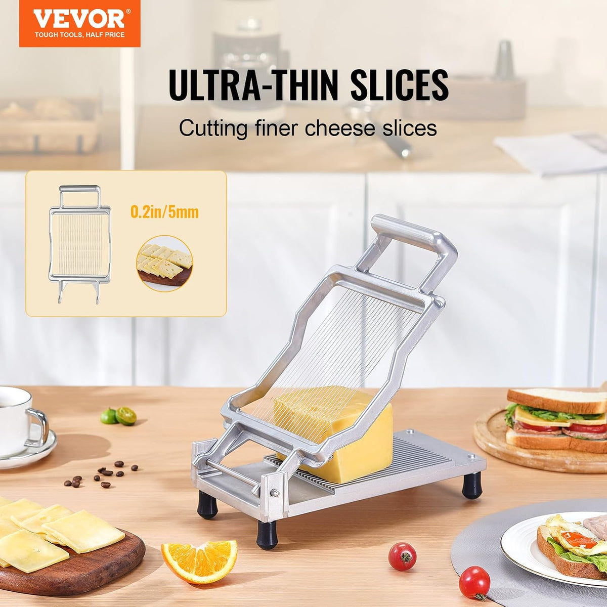 Manual Bread Slicer, 0-0.6" Adjustable Thickness Cheese Cutter, Hand Cranked Slicer for Homemade Bread - with Serrated Stainless Steel Blade for Kitchen, Restaurant, Bakery, Party