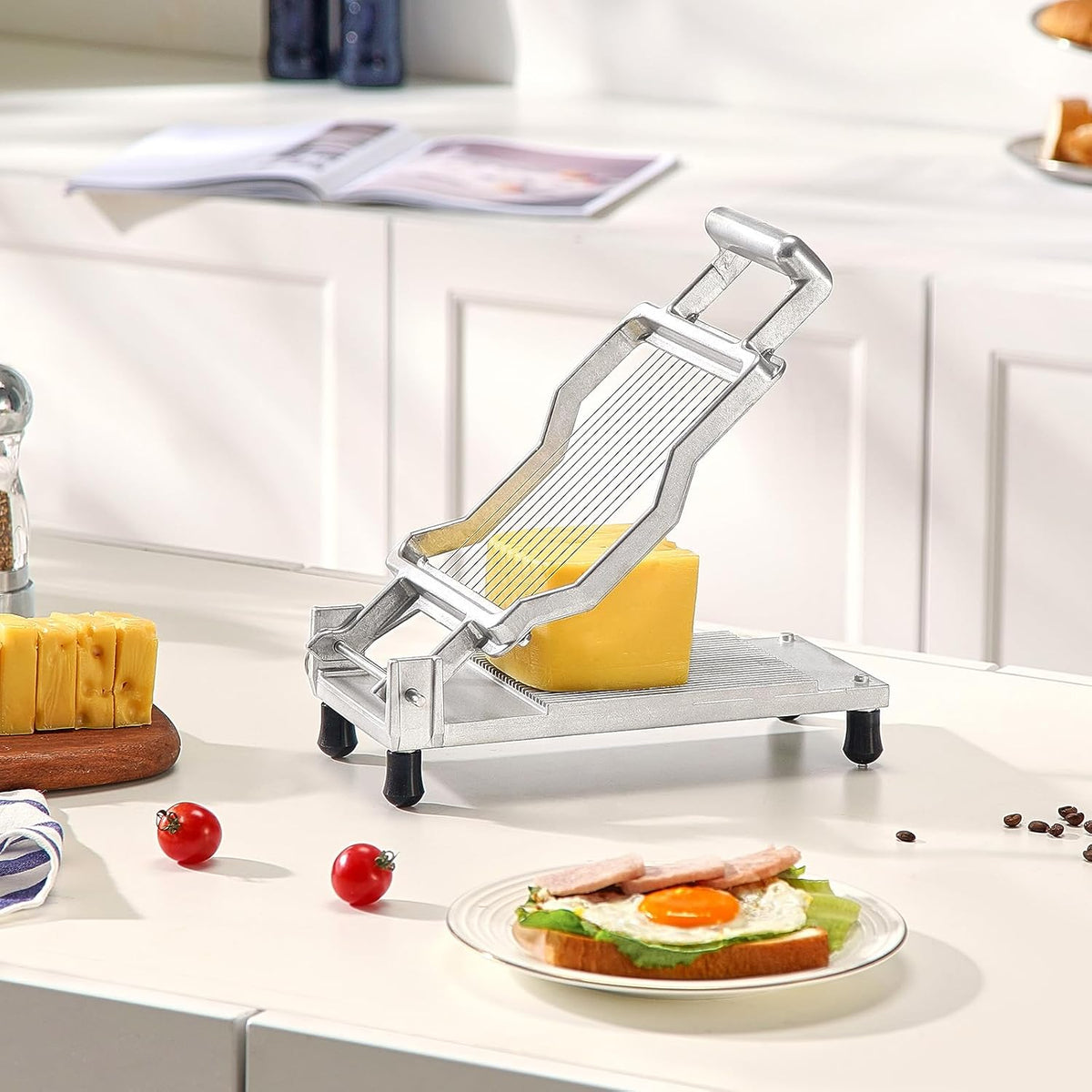 Manual Bread Slicer, 0-0.6" Adjustable Thickness Cheese Cutter, Hand Cranked Slicer for Homemade Bread - with Serrated Stainless Steel Blade for Kitchen, Restaurant, Bakery, Party