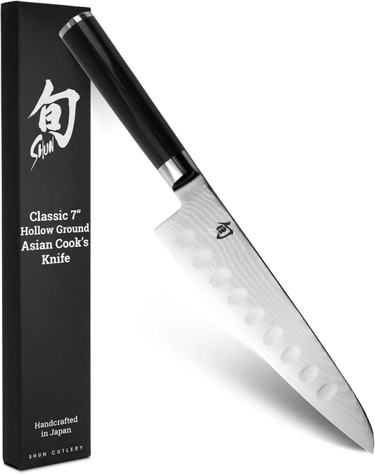 Classic 7" Hollow Ground Asian Cook's Knife | Handcrafted Japanese Kitchen Knife, VG-MAX Core with Damascus Stainless Steel Cladding, Pakkawood Handle