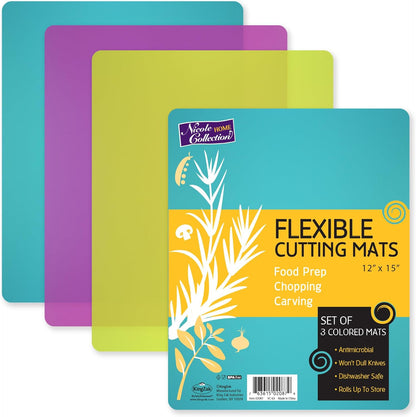 Flexible Cutting Mats Set of 3 - BPA-Free Plastic Color-Coded Kitchen Chopping Boards, 12"x15", Durable Non-Slip Mats for Meat, Veggies, Fruits