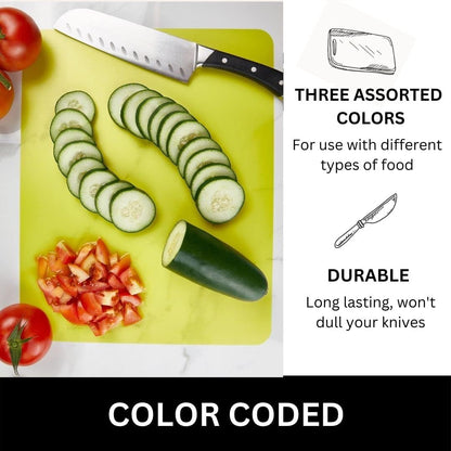 Flexible Cutting Mats Set of 3 - BPA-Free Plastic Color-Coded Kitchen Chopping Boards, 12"x15", Durable Non-Slip Mats for Meat, Veggies, Fruits