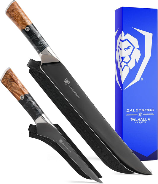 2 Piece Set - Slicing Knife 12 inch - Boning Knife 6 inch - Valhalla Series - Ravenstone Black Blade Titanium Coated - Premium 9CR18MOV HC Steel - Resin & Wood Handle - Leather Sheath