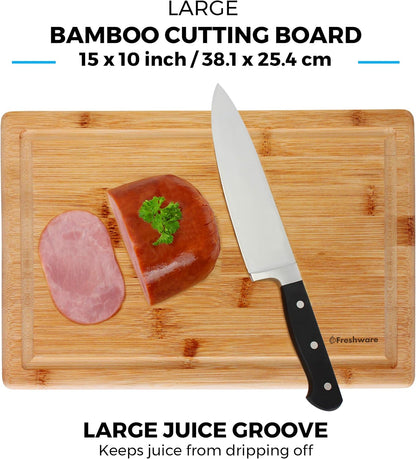 Bamboo Cutting Boards for Kitchen with Juice Groove [Set of 2] Wood Cutting Board for Chopping Meat, Vegetables, Fruits, Cheese, Knife Friendly Serving Tray with Handles