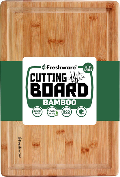 Bamboo Cutting Boards for Kitchen with Juice Groove [Set of 2] Wood Cutting Board for Chopping Meat, Vegetables, Fruits, Cheese, Knife Friendly Serving Tray with Handles