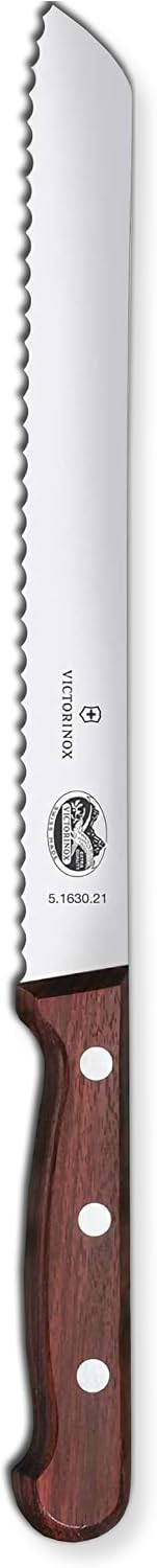 Wood Bread Knife - 8.25 in Serrated Stainless Steel Blade | Handcrafted maple wood handle bread cutter, wavy edge blade for crusty sourdough, pastries and cakes, made in Switzerland.
