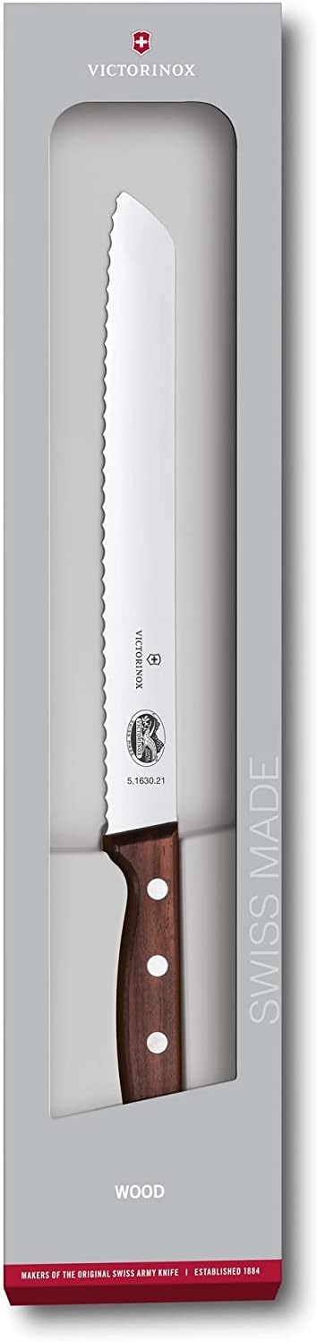 Wood Bread Knife - 8.25 in Serrated Stainless Steel Blade | Handcrafted maple wood handle bread cutter, wavy edge blade for crusty sourdough, pastries and cakes, made in Switzerland.