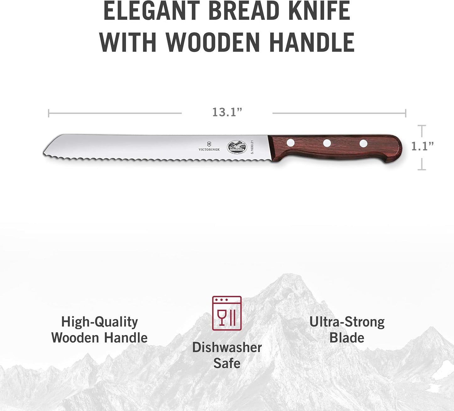 Wood Bread Knife - 8.25 in Serrated Stainless Steel Blade | Handcrafted maple wood handle bread cutter, wavy edge blade for crusty sourdough, pastries and cakes, made in Switzerland.