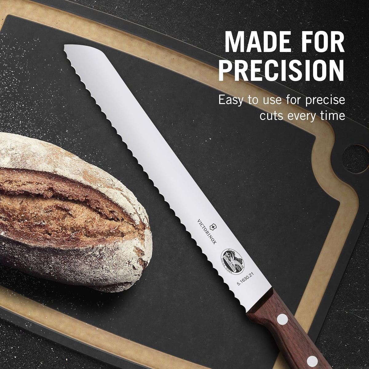 Wood Bread Knife - 8.25 in Serrated Stainless Steel Blade | Handcrafted maple wood handle bread cutter, wavy edge blade for crusty sourdough, pastries and cakes, made in Switzerland.