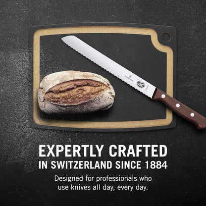 Wood Bread Knife - 8.25 in Serrated Stainless Steel Blade | Handcrafted maple wood handle bread cutter, wavy edge blade for crusty sourdough, pastries and cakes, made in Switzerland.