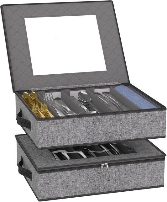 2 Pack Flatware Utensil Storage - Sturdy Silverware Storage Box with Dividers, 5 Compartment Flatware Storage Case with Handles and Removable Lid for Moving&Protected(Dark Gray)