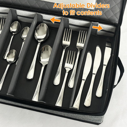 2 Pack Flatware Utensil Storage - Sturdy Silverware Storage Box with Dividers, 5 Compartment Flatware Storage Case with Handles and Removable Lid for Moving&Protected(Dark Gray)
