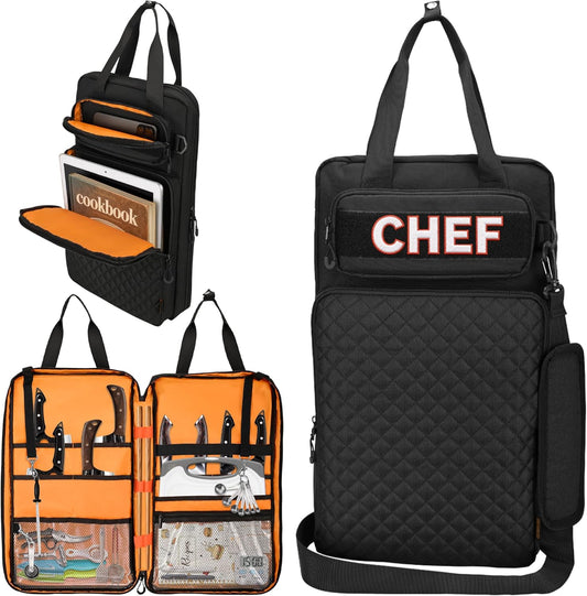 Chef Knife Bag with Shoulder Strap, 7 Pockets, Quilted Black | Knife Carrying Case with 7 Pockets, 8 Elastic Straps, 2 Mesh Pockets, Metal Hooks and Front Pocket for Cookbook or Tablet